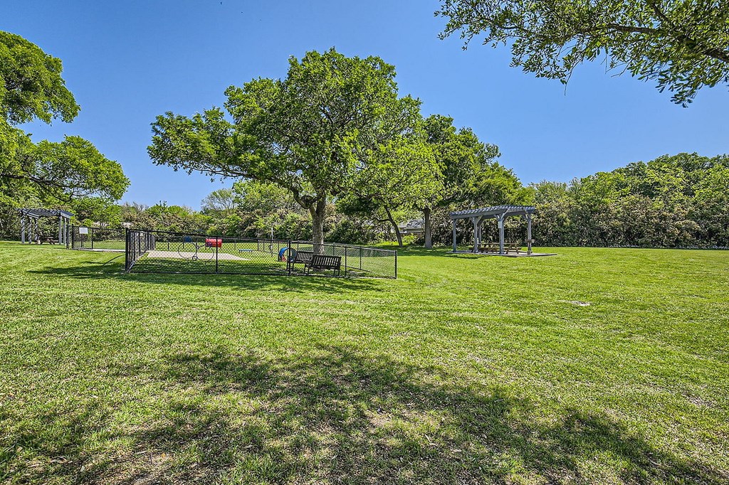 A park with a tree, benches, and a swing set.