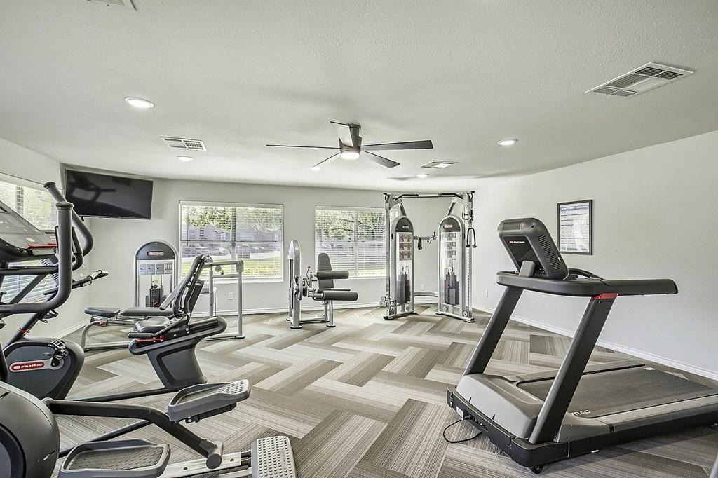 A spacious gym with treadmills, elliptical machines, and other exercise equipment.