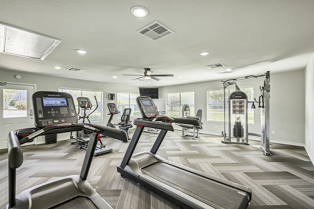 A spacious gym with treadmills, elliptical machines, and a fan.