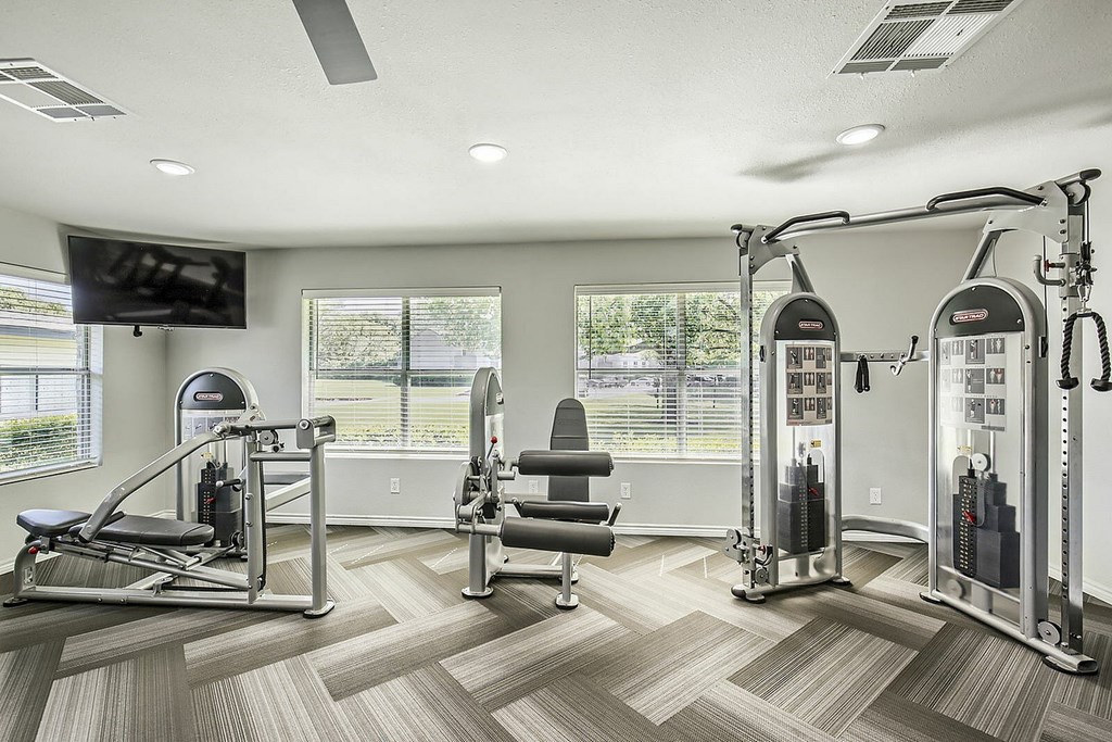 A spacious gym with a variety of equipment including treadmills, weight machines, and a television.