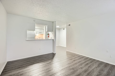 A spacious room with a kitchenette and a hallway.