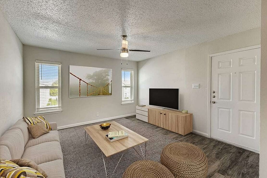 A living room with a couch, a coffee table, and a television.