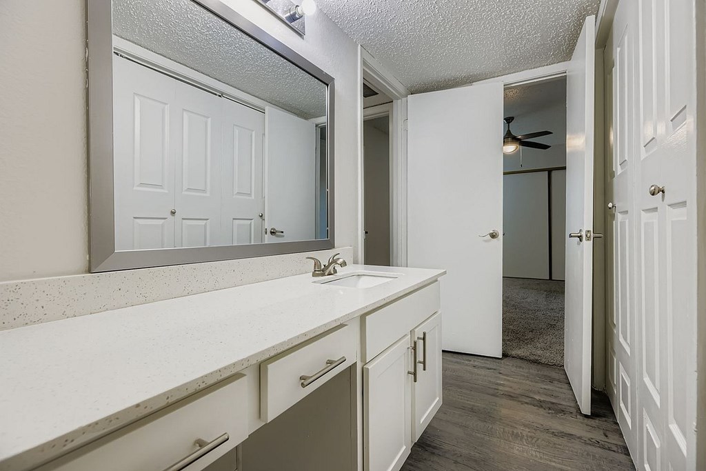 A bathroom with a white counter and a mirror above it.