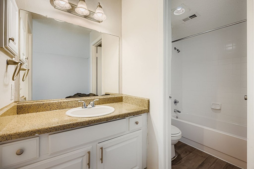 A bathroom with a sink, mirror, and bathtub.