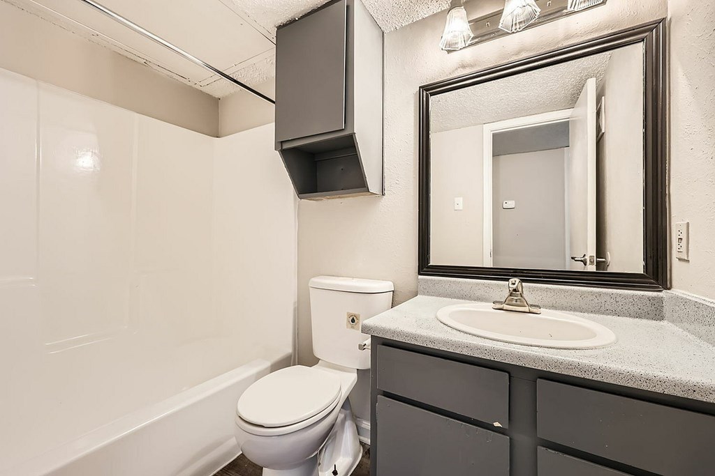 A bathroom with a toilet, sink, and mirror.