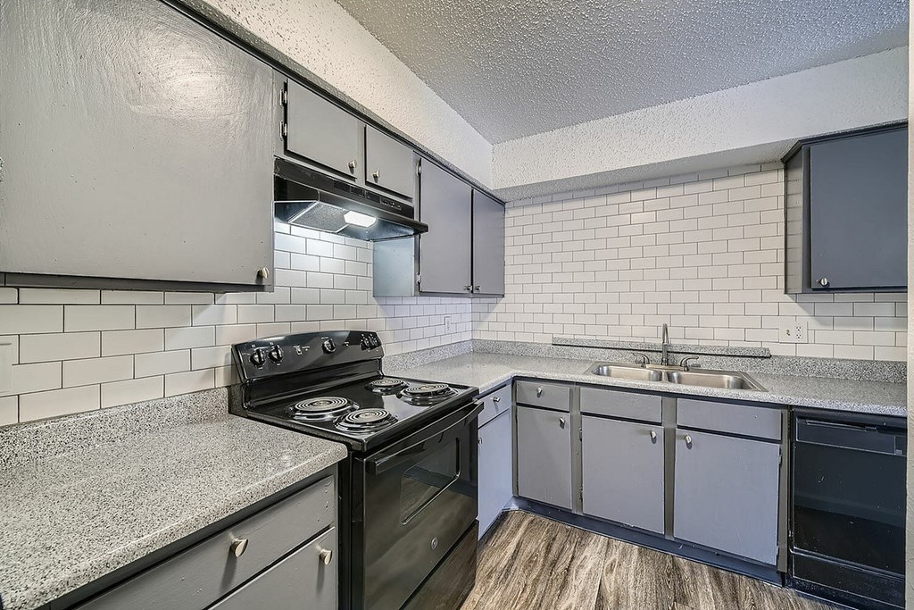 A kitchen with a black stove top oven and a black dishwasher.
