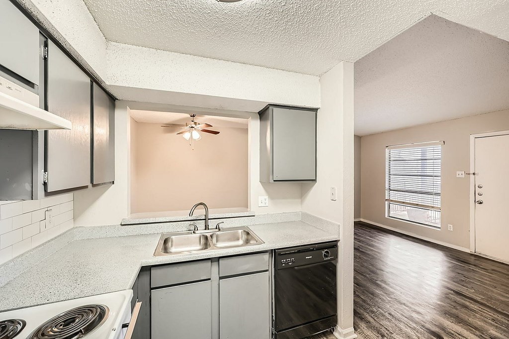 A kitchen with a stove, sink, and dishwasher.