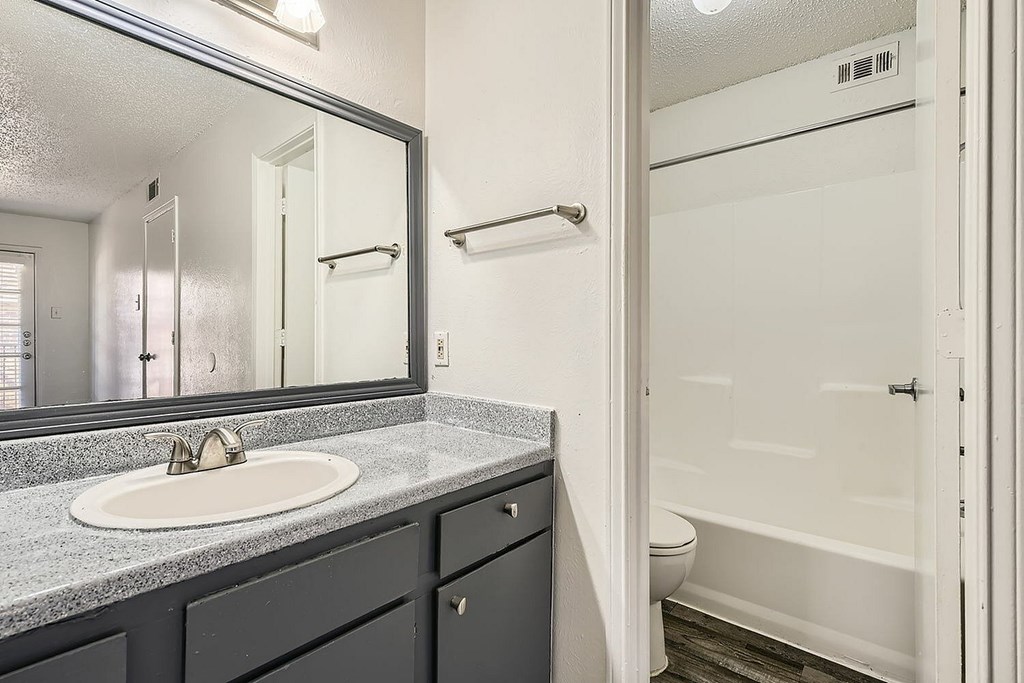 A bathroom with a sink, mirror, and shower.