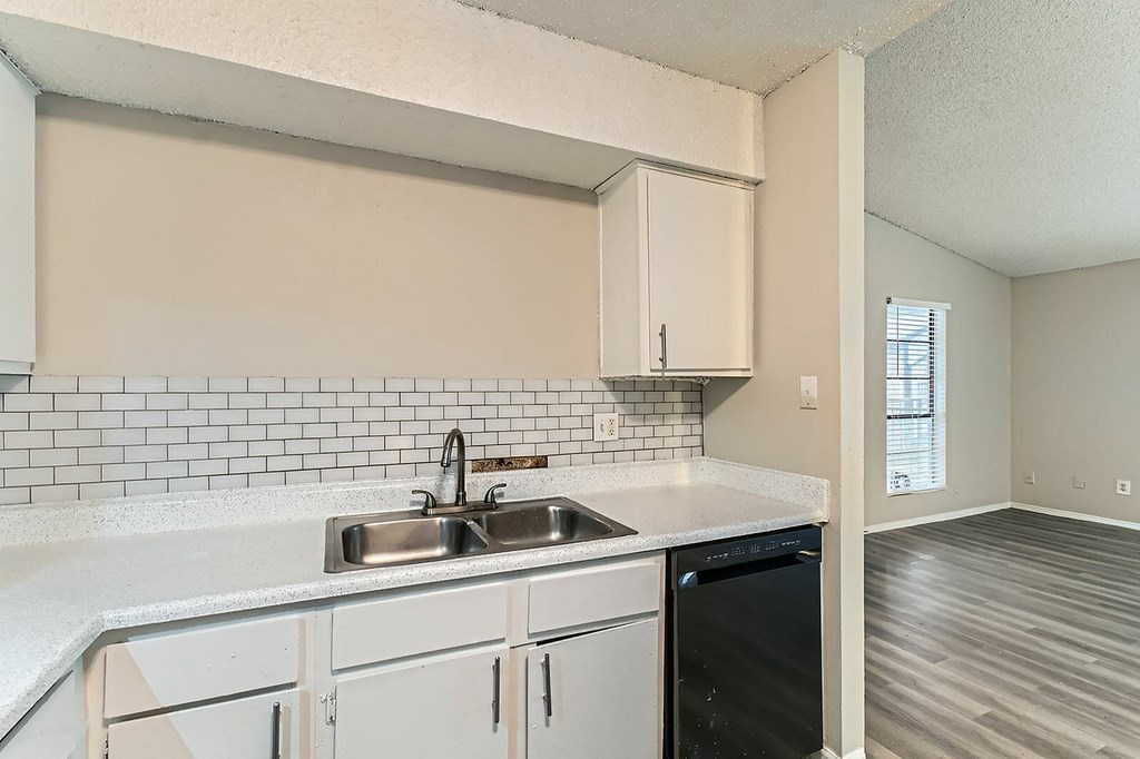 A kitchen with a sink, dishwasher, and cabinets.