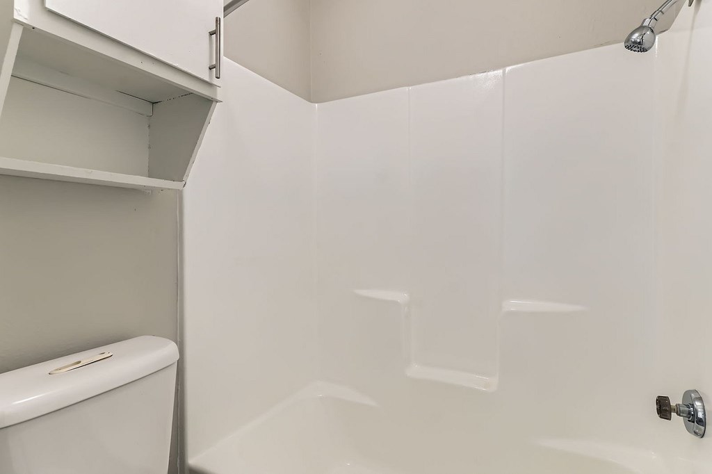 A white bathroom with a toilet and a shower.