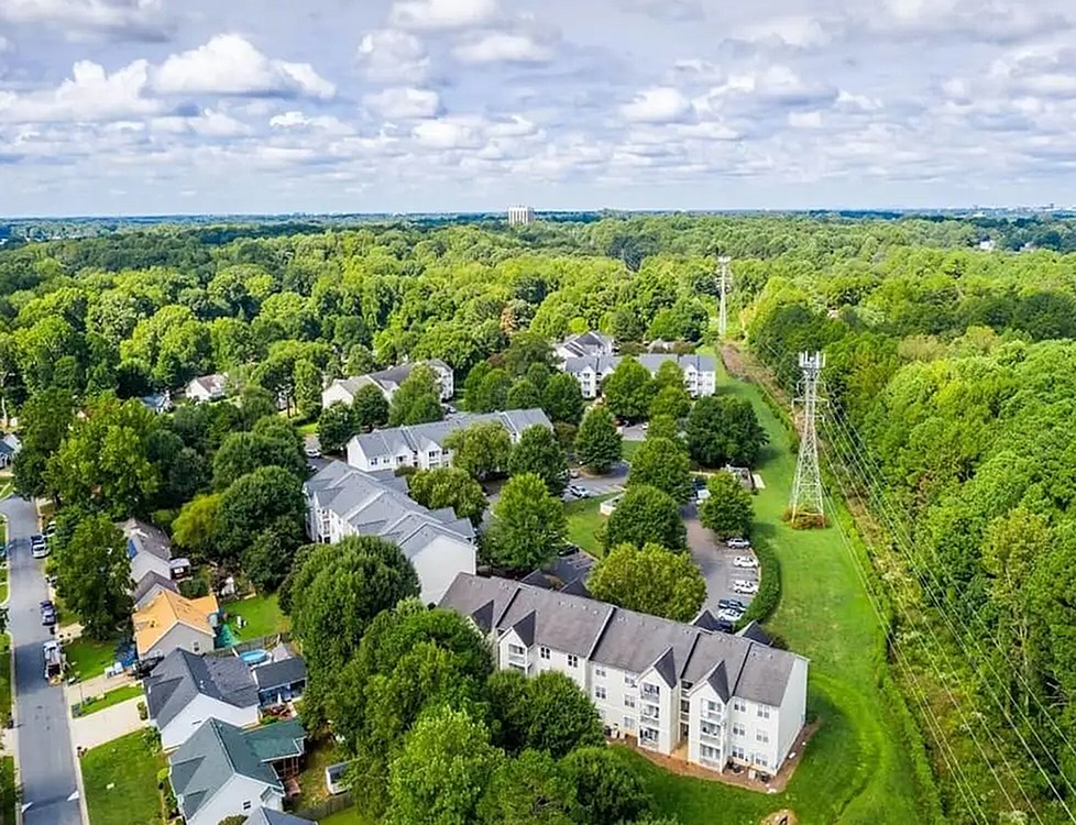 A bird's eye view of a residential area with houses and greenery.