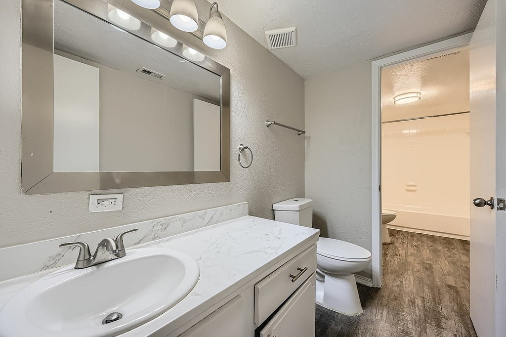 A bathroom with a sink, toilet, and mirror.