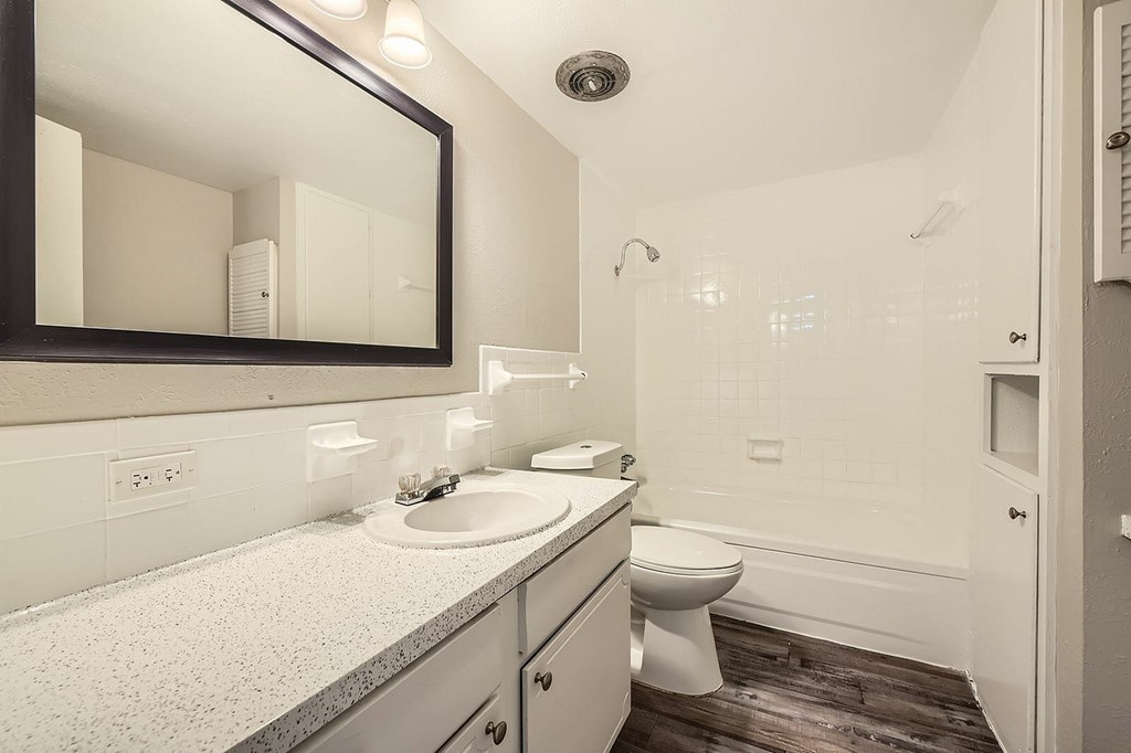 A bathroom with a sink, toilet, and mirror.