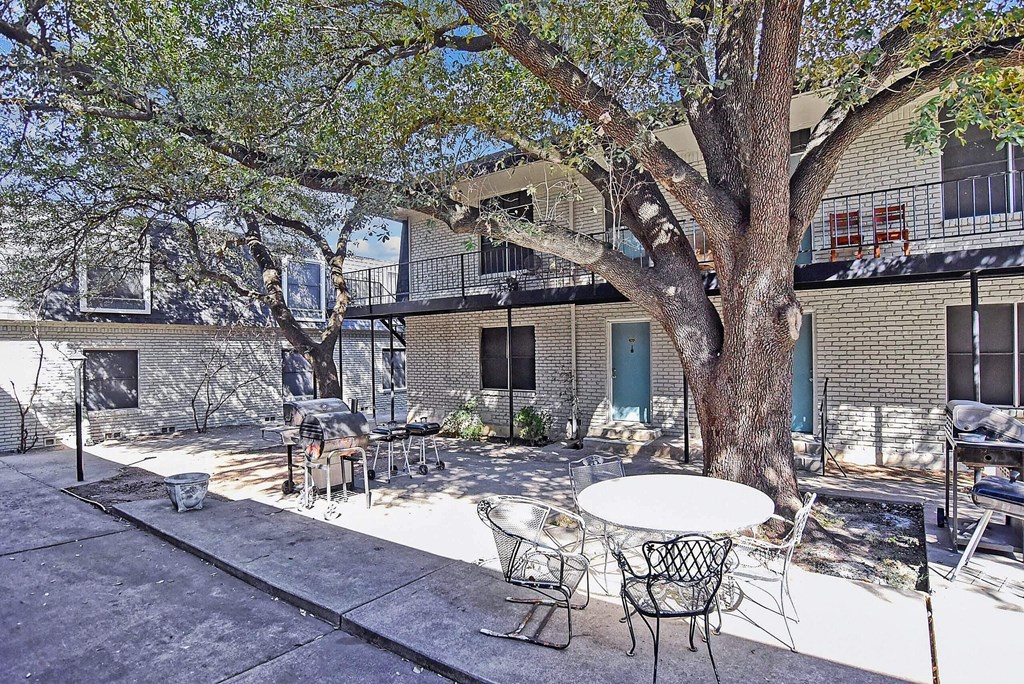 A tree in a courtyard with a table and chairs.