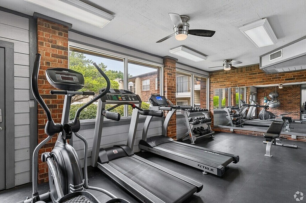 A gym with treadmills, elliptical machines, and a fan.