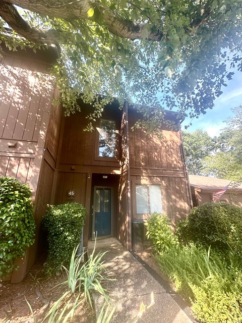 A tree branch is hanging over a building with a blue door.