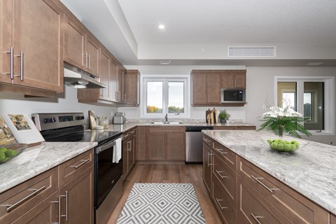 A kitchen with brown cabinets and a patterned rug on the floor.