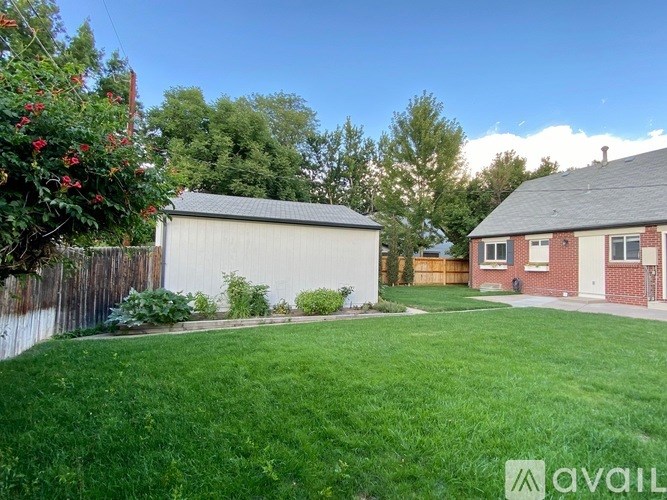 A backyard with a fence, a shed, and a house.