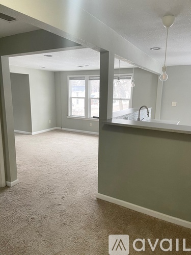 A carpeted room with a window and a sink.