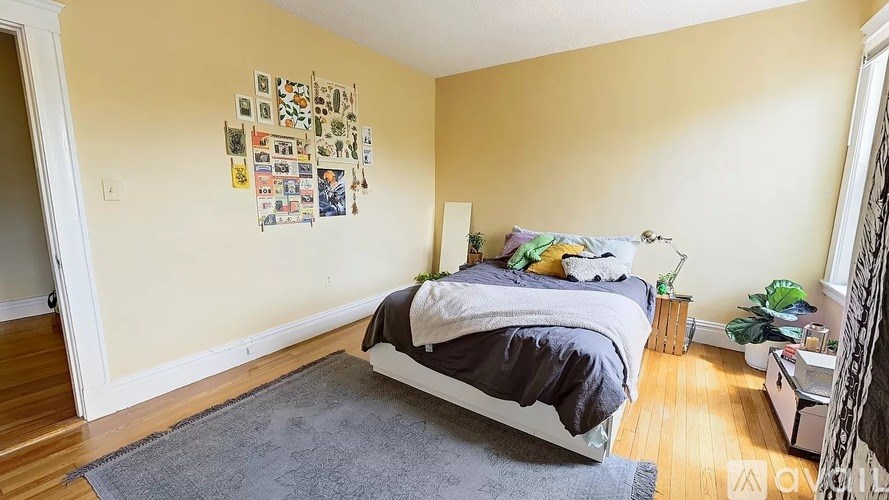A bedroom with a bed, a rug, and a wall with pictures.