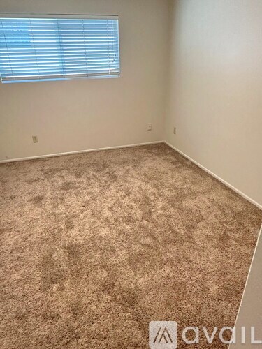 A room with a carpeted floor and a window with blinds.