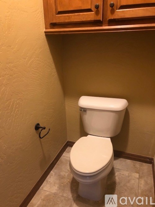 A white toilet in a small bathroom with a wooden cabinet above it.
