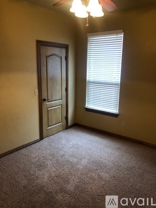 A room with a brown carpet, a wooden door, and a window with blinds.