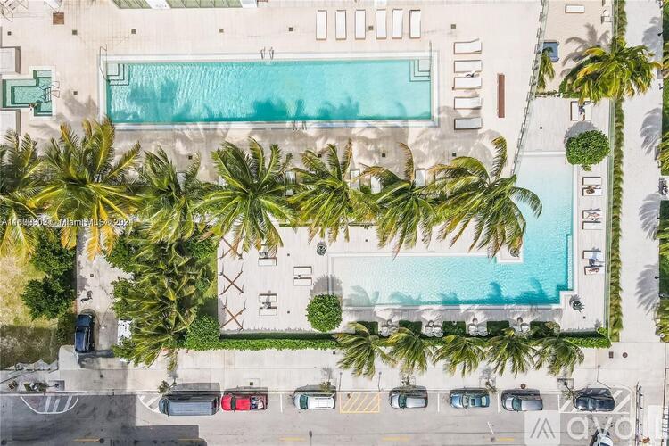 A pool surrounded by palm trees and cars.