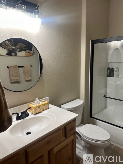 A bathroom with a toilet, sink, mirror, and shower.
