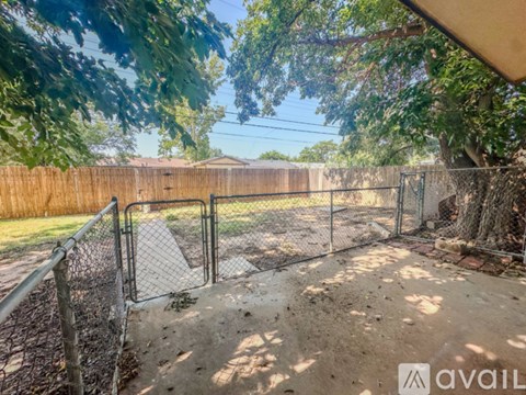 A backyard with a fence and trees.