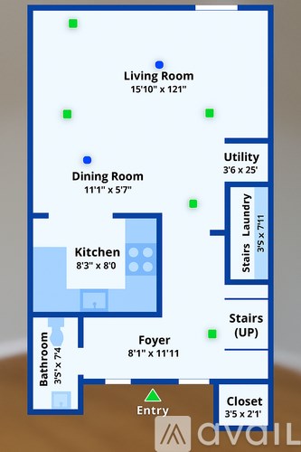 A floor plan of a small apartment with a living room, dining room, kitchen, bathroom, and closet.