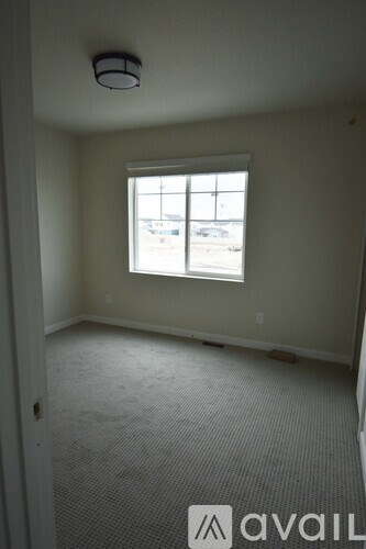 A room with a carpeted floor and a window.