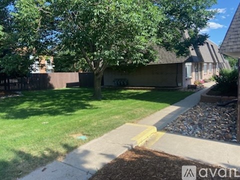 A tree in a yard with a house in the background.