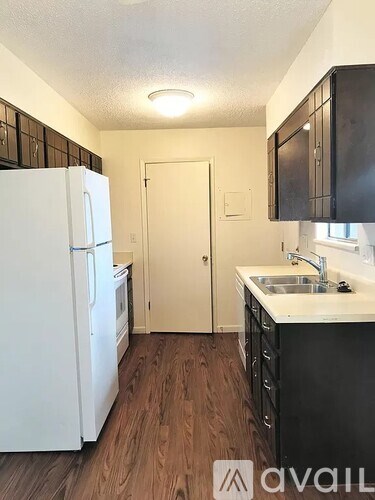 A kitchen with a white refrigerator and black cabinets.