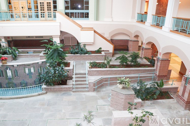 A courtyard with a pool and plants.