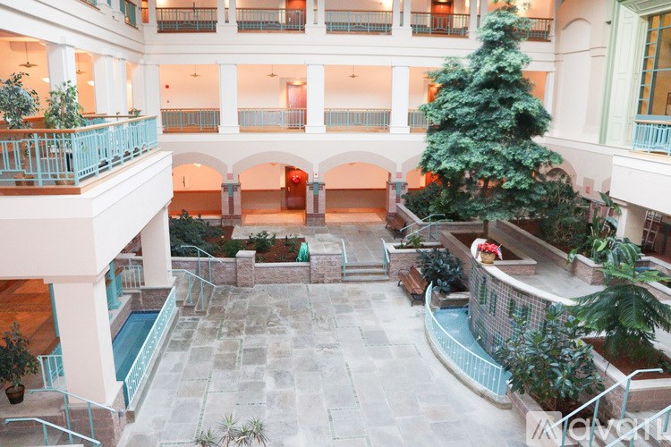 A large atrium with a Christmas tree in the middle.