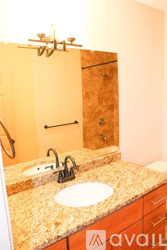 A bathroom with a granite countertop and a round sink.