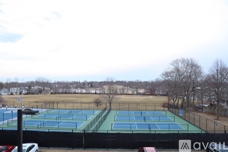 A tennis court with a green surface and a black fence.