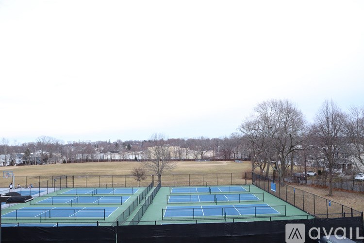 A tennis court with a green surface and a black fence.