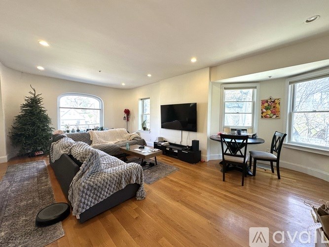 A living room with a Christmas tree and a television.