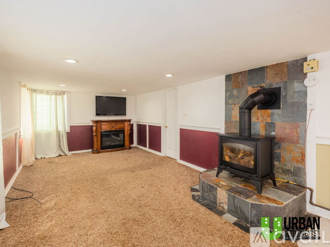 A living room with a fireplace and a television.