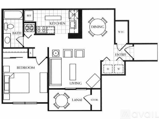 A floor plan of a house with a kitchen, dining room, living room, bedroom, bathroom, and laundry area.