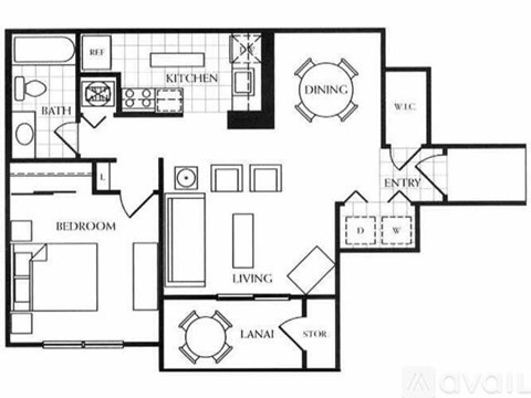A floor plan of a house with a kitchen, dining room, living room, bedroom, bathroom, and laundry area.