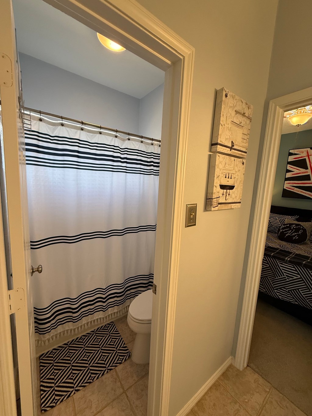 A bathroom with a toilet, a shower curtain, and a mirror.