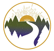 A mountain range with a river flowing through it and a sun in the background.