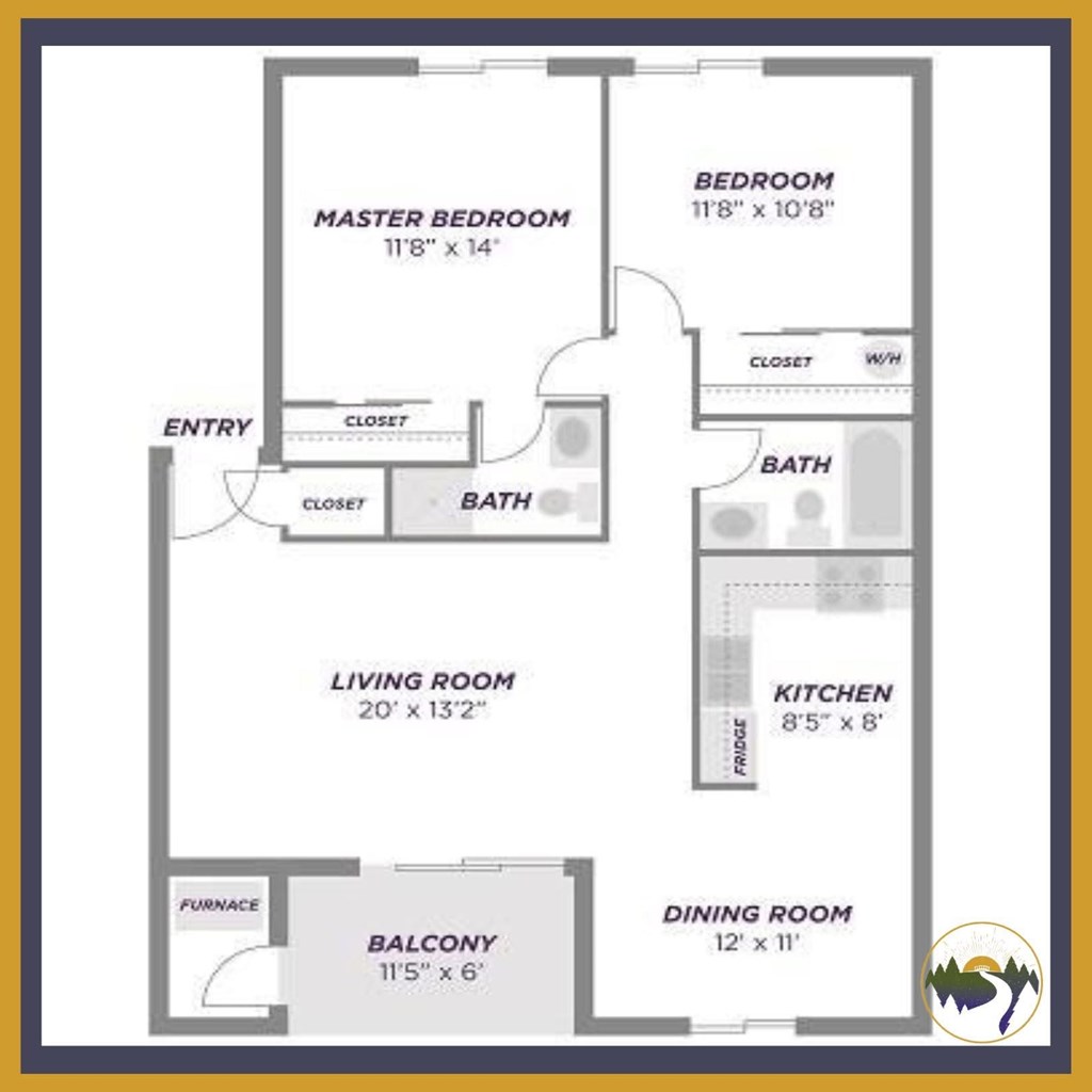 A floor plan of a house with a master bedroom, living room, kitchen, dining room, and balcony.