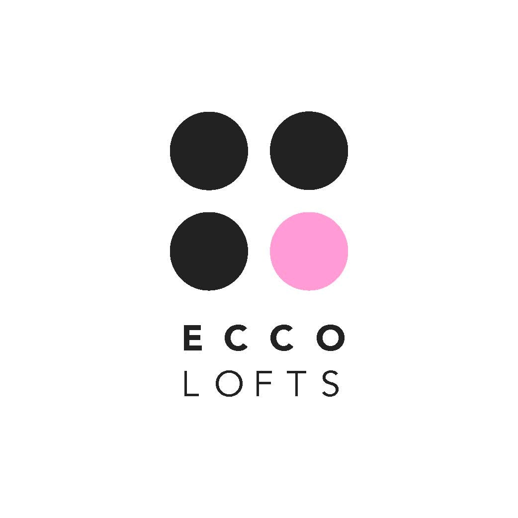 Four black circles with one pink circle and the text "ECCO LOFTS" below them.