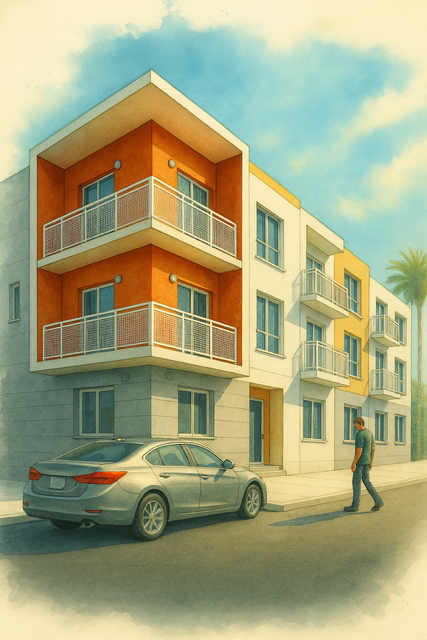A man is walking past a silver car in front of a two-story apartment building.