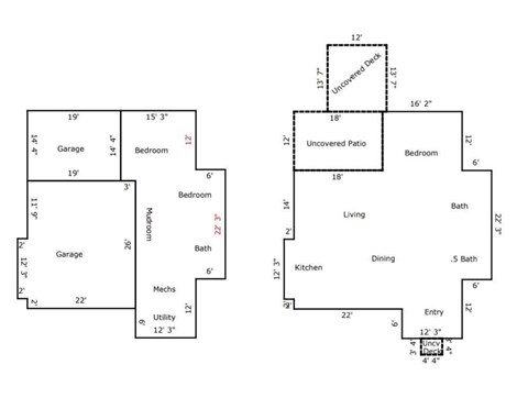 A floor plan of a house with two garages, two bedrooms, a living room, a dining room, a kitchen, a bath, a utility room, and an uncovered patio.