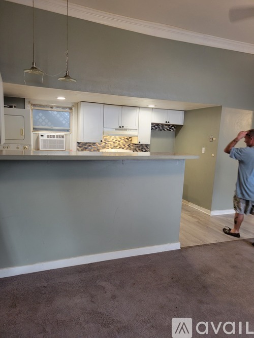 A man is standing in a kitchen with a counter and cabinets.
